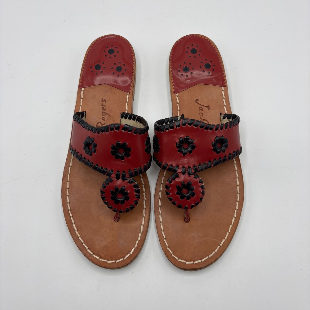 Jack Rogers Jacks Flat Sandals Red Black Leather Whipstitch Thong Women's Size 8